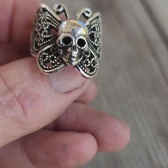 skull butterfly ring,sterling silver,filegree,large butterfly ring,handmade,womens skull ring,rockabilly,steampunk gothic,grunge,boho,gypsy,