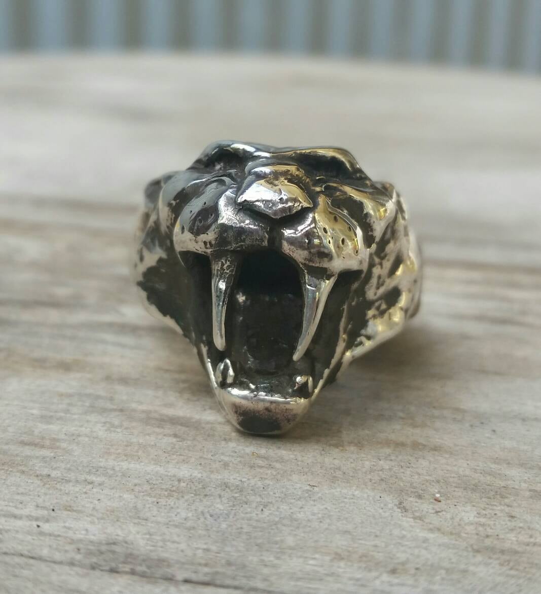 sabber tooth tiger ring,sterling silver,tiger,handmade,chunky.animal,boho,hipster,mens fashion,prehistoric,dynasaur,lion ring