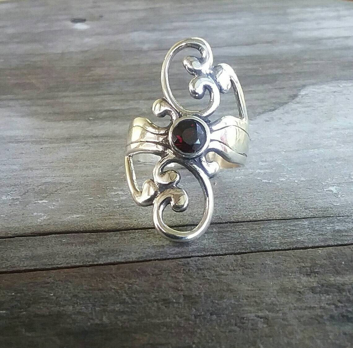 Garnet ring,sterling silver,long silver ring, steampunk,gothic, art nouveau,Victorian,hipster,rockabilly,boho,gypsy,hippy,Designer,handmade