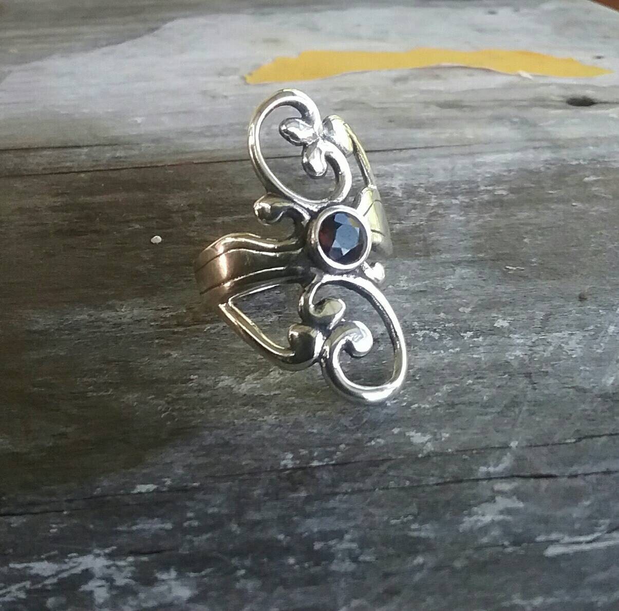 Garnet ring,sterling silver,long silver ring, steampunk,gothic, art nouveau,Victorian,hipster,rockabilly,boho,gypsy,hippy,Designer,handmade