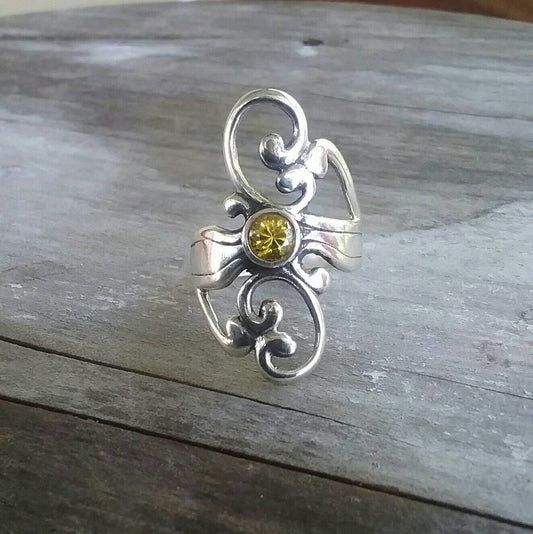 Long ring,sterling silver,yellow stone,cubic zirconia,scroll ring, goddess,new age,steampunk art nouveau,boho,gypsy,festival,handmade silver