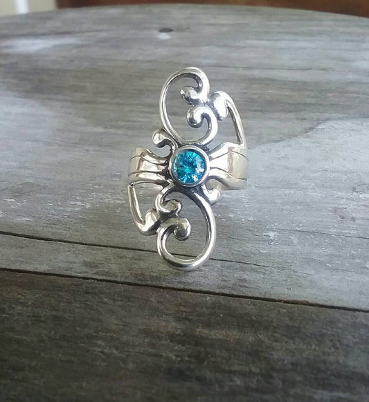 sterling silver blue stone scroll ring alternative steampunk gothic art nouveau