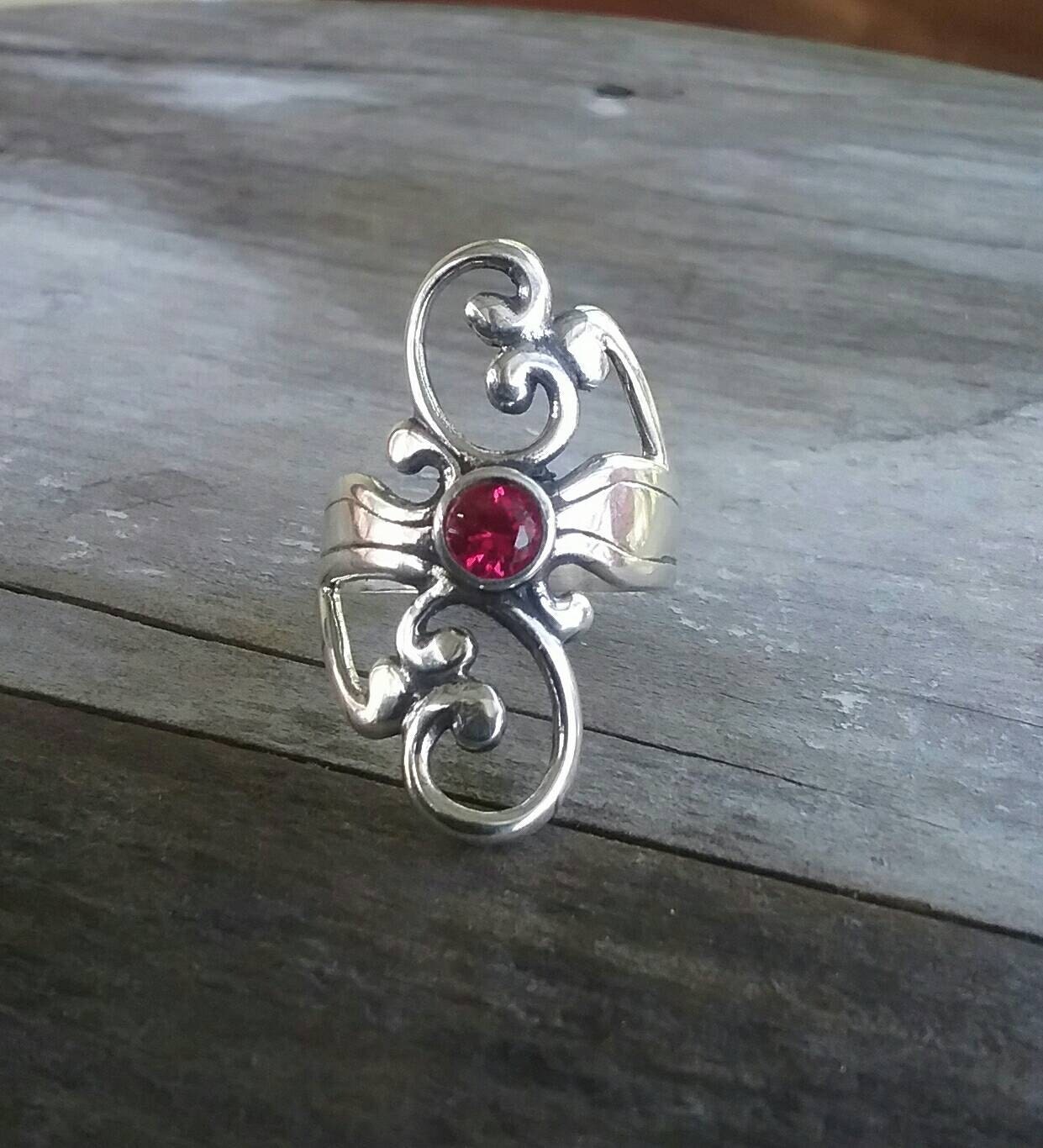 sterling silver red stone scroll ring alternative steampunk gothic art nouveau