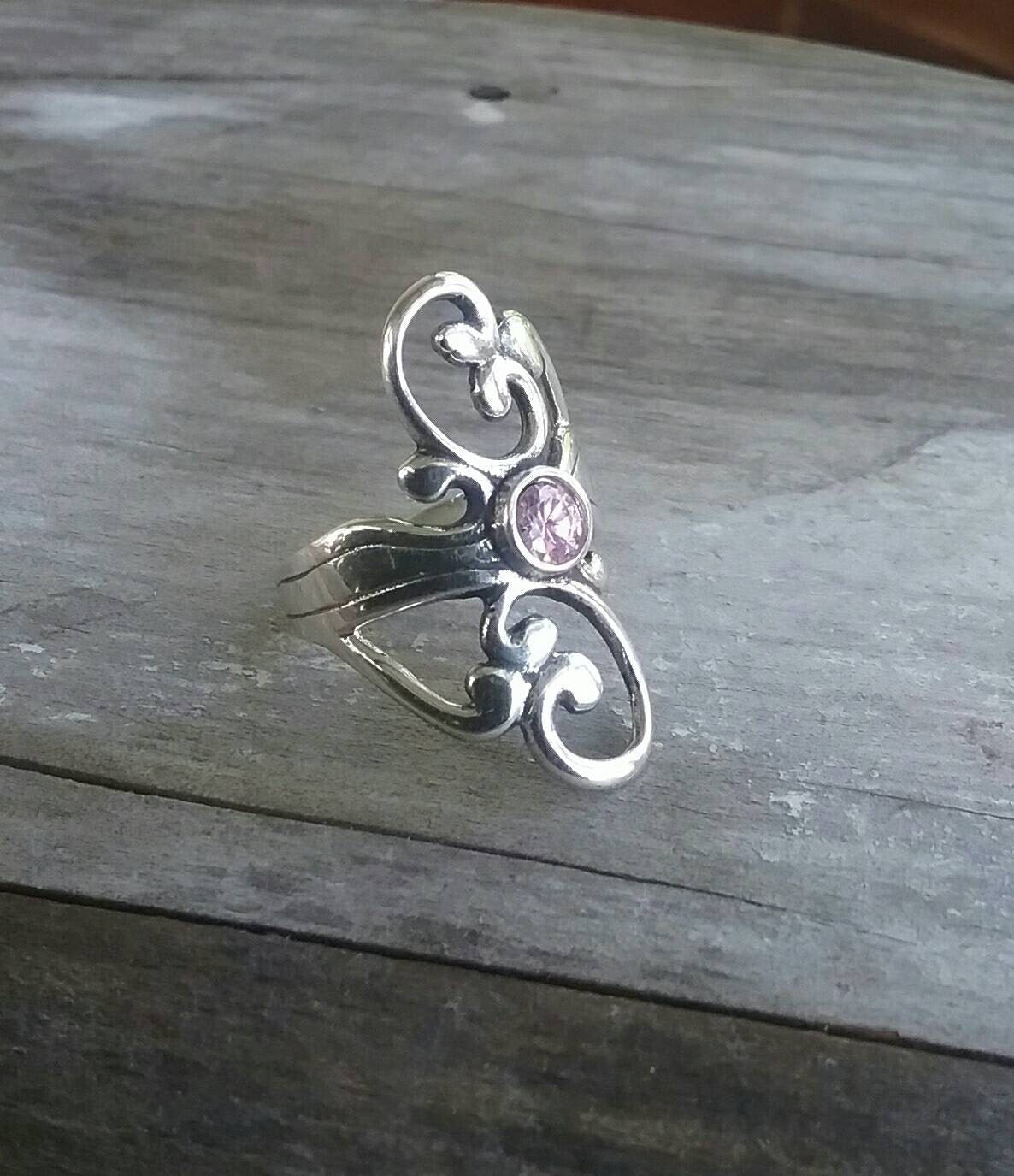 Long silver ring,sterling silver, pink stone,cubic zirconia,scroll ring,steampunk,art nouveau,vintage,handmade,boho ring,goddess,gypsy,hippy