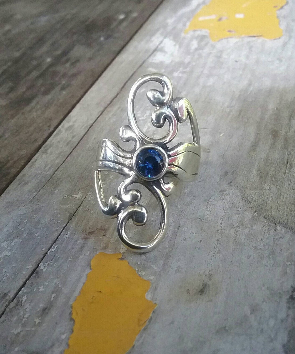 Long ring,sterling silver,electric blue,Cubic zirconia, scroll,vintage,boho,handmade, steampunk,art nouveau,goddess,women's fadhion,designer