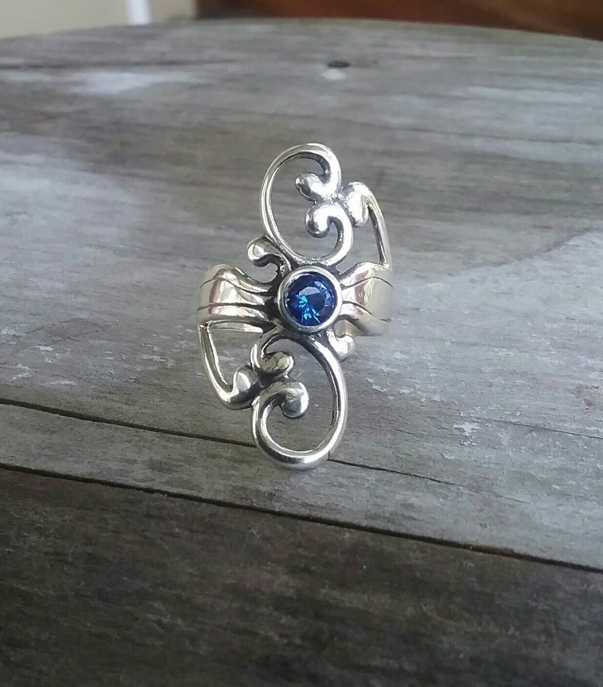 Long ring,sterling silver,electric blue,Cubic zirconia, scroll,vintage,boho,handmade, steampunk,art nouveau,goddess,women's fadhion,designer