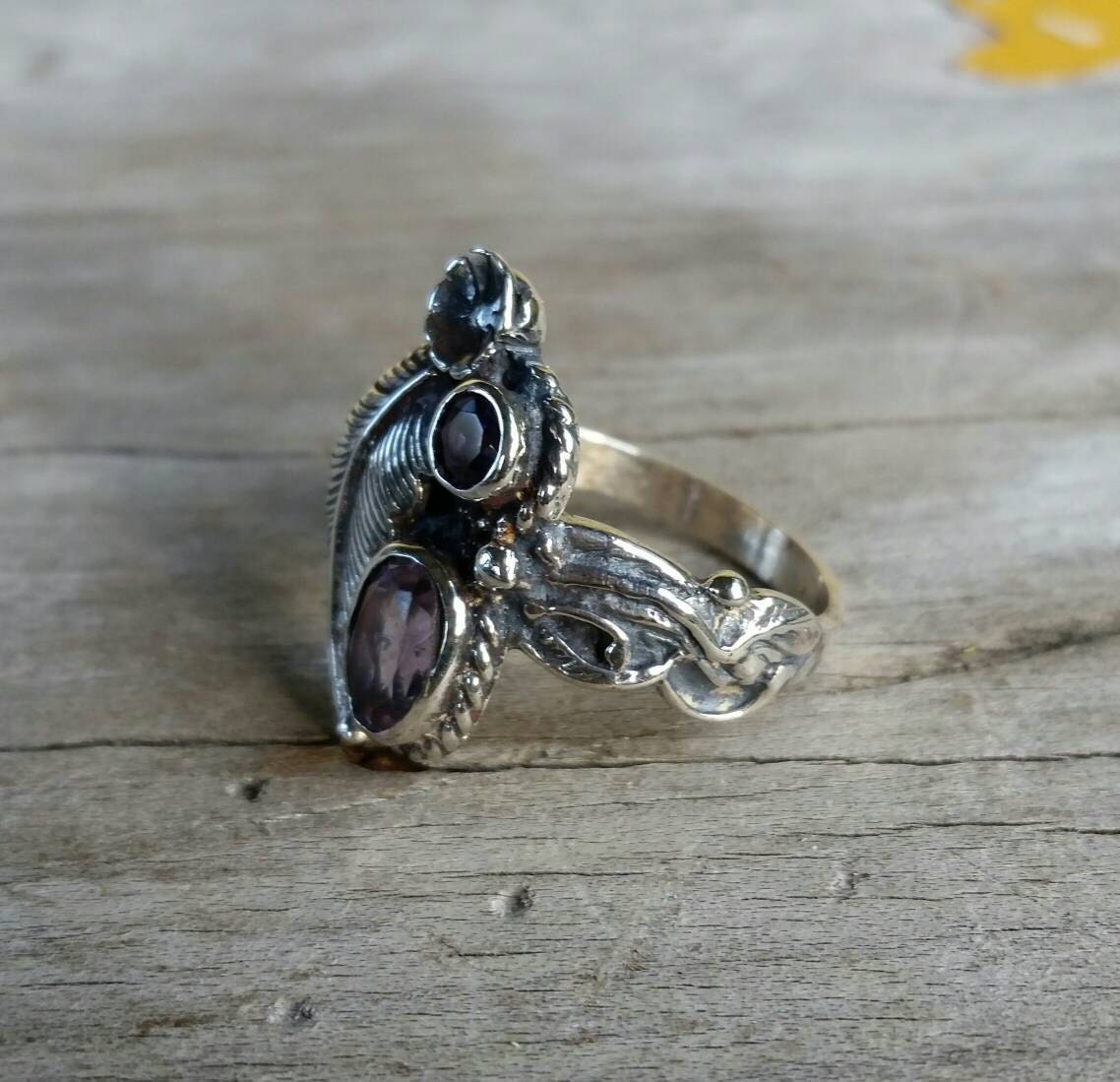 Garnet flower ring sterling silver alternative steampunk gothic art nouveau victorian flower rockabilly