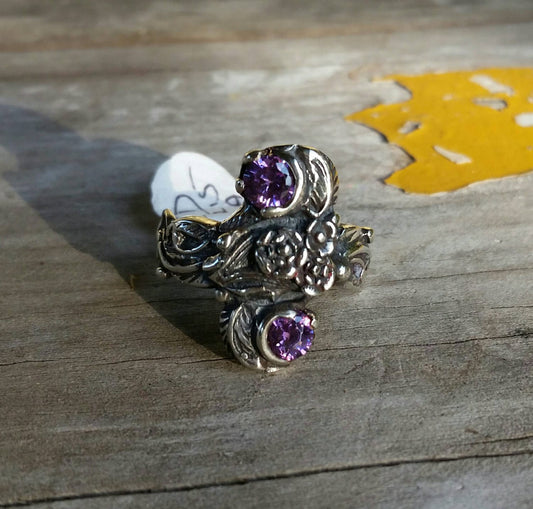 Amethyst flower ring  sterling silver purple cz alternative steampunk gothic art nouveau victorian flower rockabilly