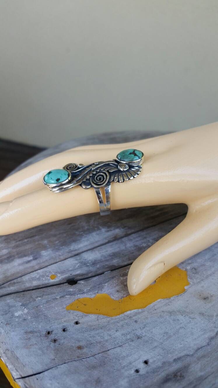 Long green turquoise scroll leaf ring alternative goddess  gothic art nouveau