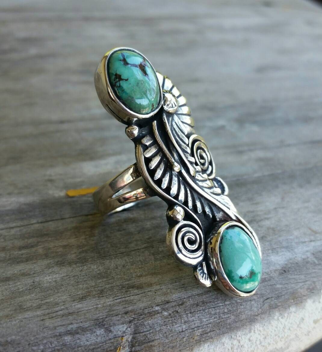 Long green turquoise scroll leaf ring alternative goddess  gothic art nouveau