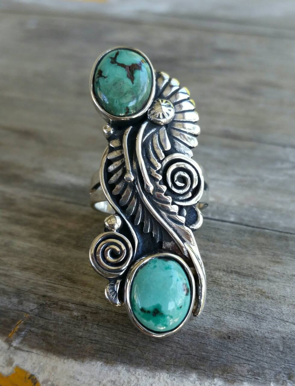 Long green turquoise scroll leaf ring alternative goddess  gothic art nouveau