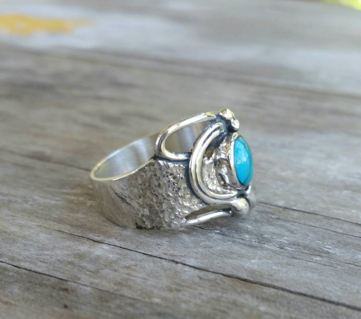 Turquoise flower ring sterling silver alternative steampunk gothic art nouveau victorian flower rockabilly