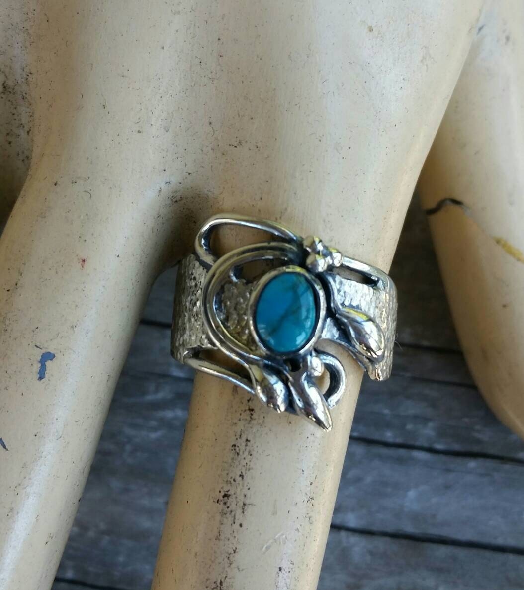 Turquoise flower ring sterling silver alternative steampunk gothic art nouveau victorian flower rockabilly