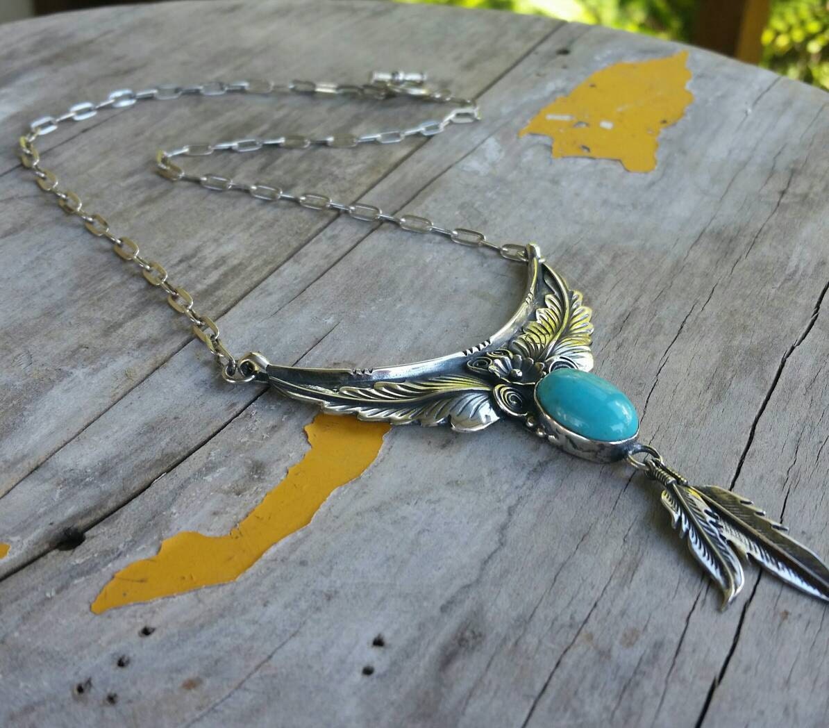 Large Turquoise necklace, feather, sterling silver, Navajo Indian style,tribal,boho shic,handmade,stone pendant,goddess,gypsy,ethic,hippy