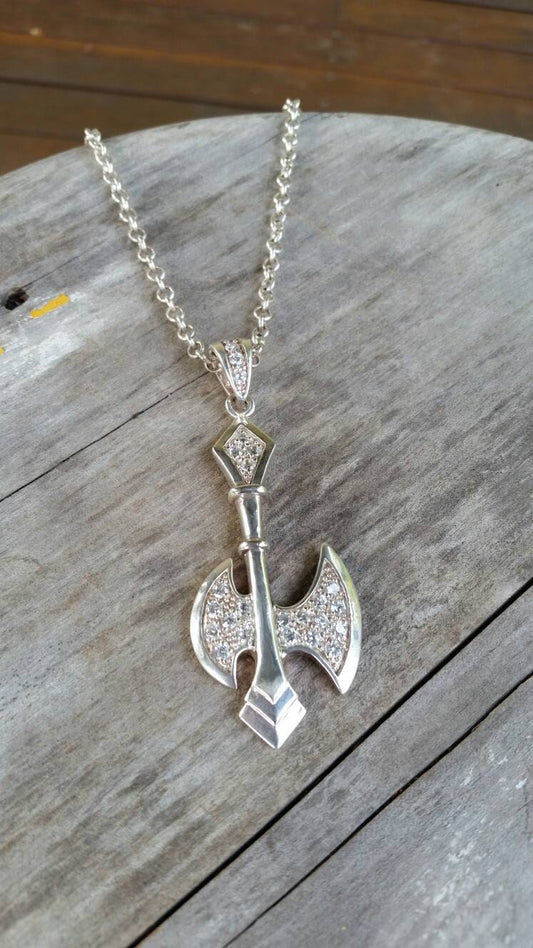 Viking odins warrior bling double axe sterling silver cubic zirconia  pendant steampunk rockabilly biker gothic punk