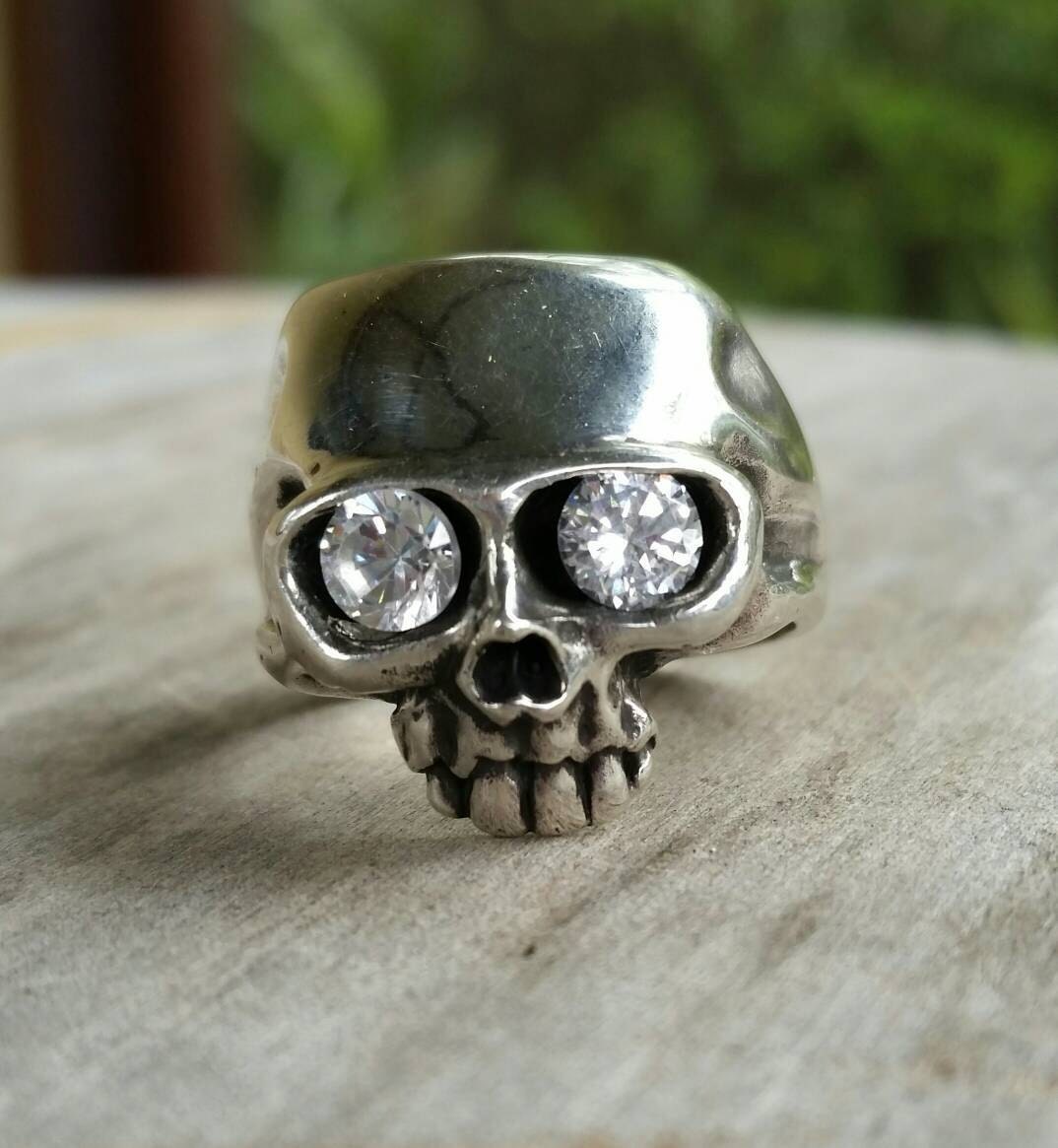 skull ring, sterling silver, cubic zirconia,steampunk, pirate, gothic, punk,grunge,hipster,handmade,boho,rockabilly,mens fashion,skeleton,