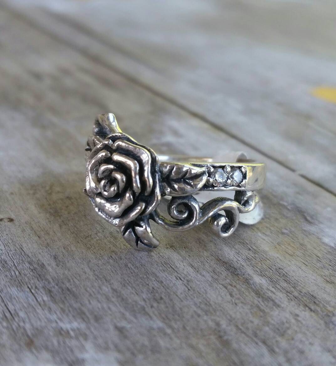 sterling silver rose ring,white cubic zirconia,vintage,hand made,steampunk, gothic, art nouveau ,victorian,flower,rose jewelry,boho