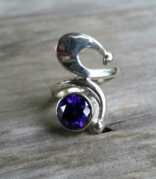 Amethyst  cz,Long ring,sterling silver,handmade,scroll, purple cubic zirconia,boho,retro,women's fashion,rockabilly,hippy,stone ring,