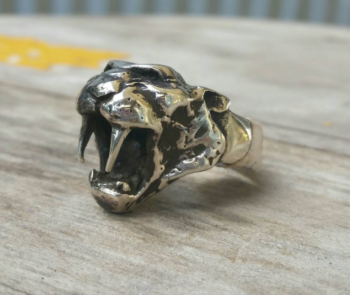 sabber tooth tiger ring,sterling silver,tiger,handmade,chunky.animal,boho,hipster,mens fashion,prehistoric,dynasaur,lion ring