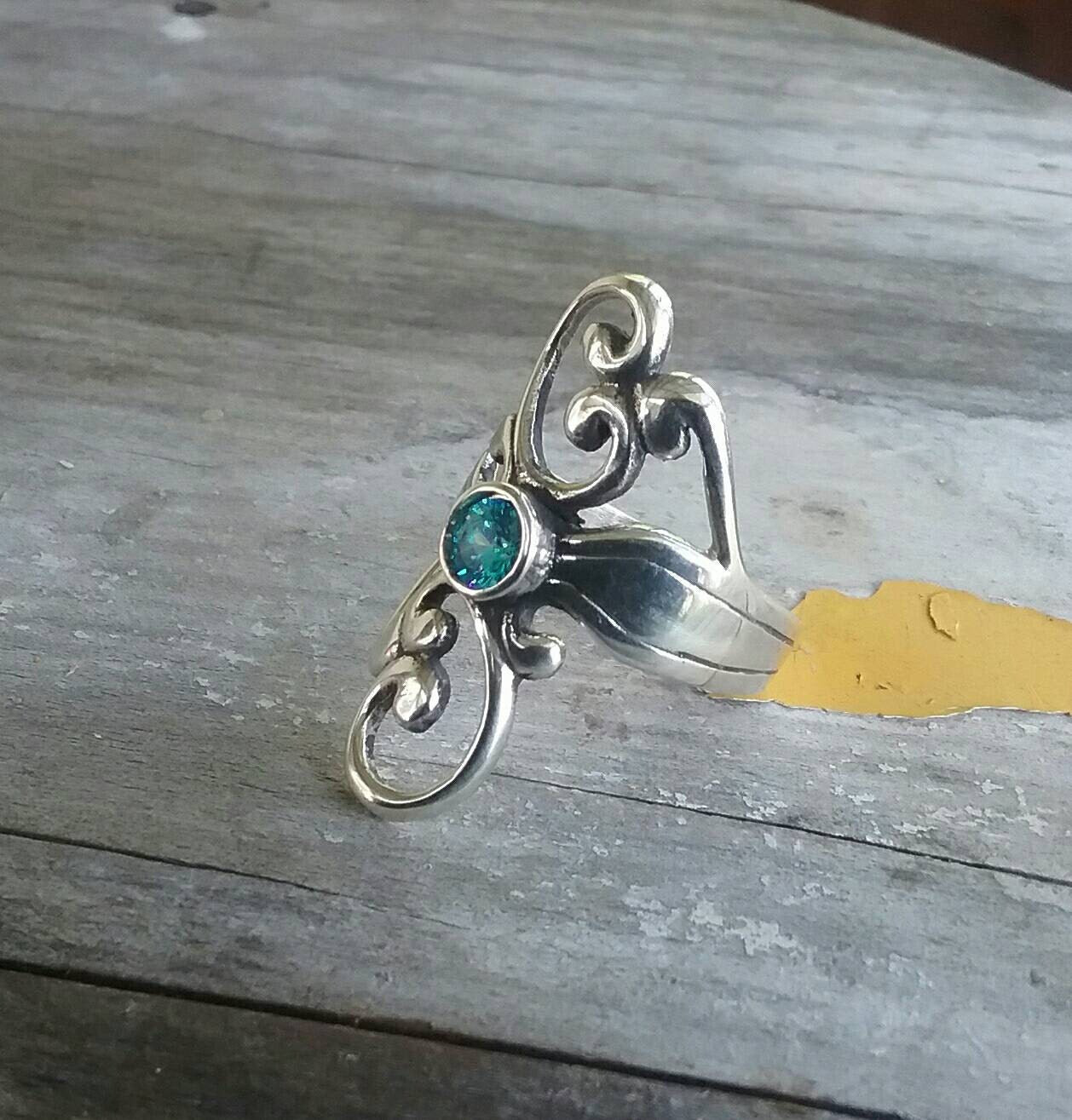 sterling silver blue stone scroll ring alternative steampunk gothic art nouveau