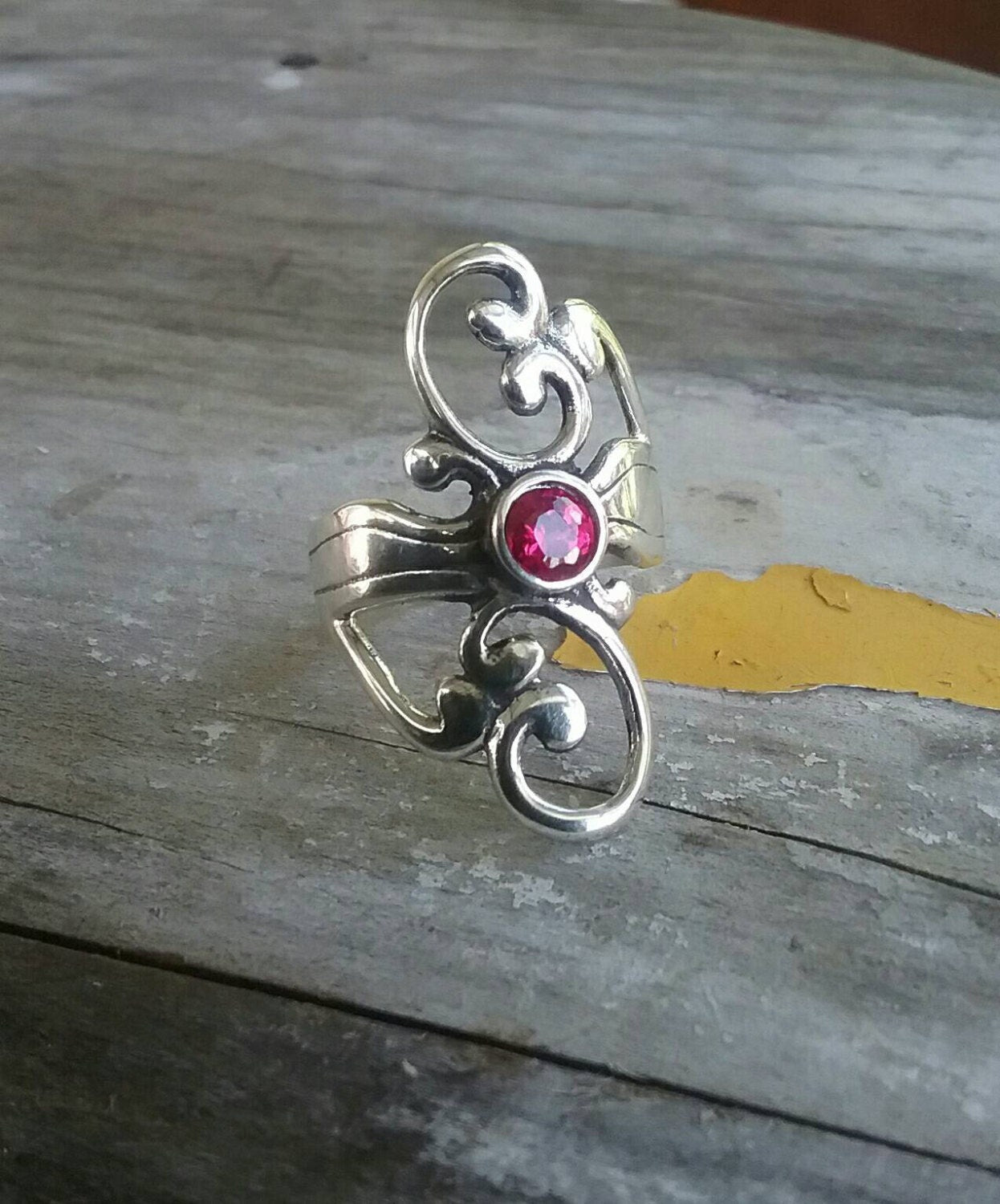 sterling silver red stone scroll ring alternative steampunk gothic art nouveau