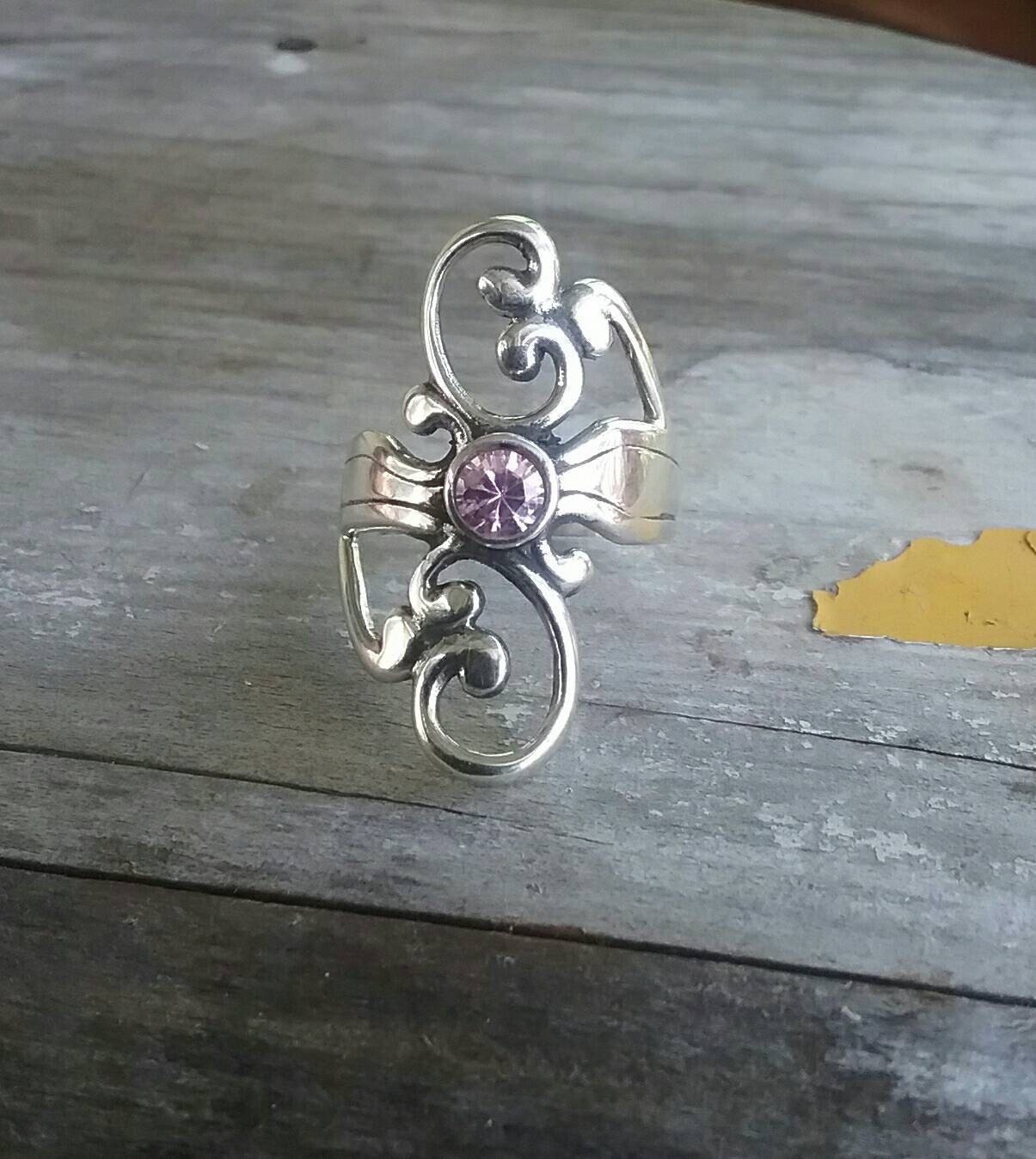 Long silver ring,sterling silver, pink stone,cubic zirconia,scroll ring,steampunk,art nouveau,vintage,handmade,boho ring,goddess,gypsy,hippy