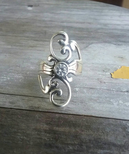 Long ring,sterling silver,cubic zirconia ring,handmade,ornate scroll,baroque,boho,gypsy,vintage,new age ring,art nouveau,shabby chic,goddess