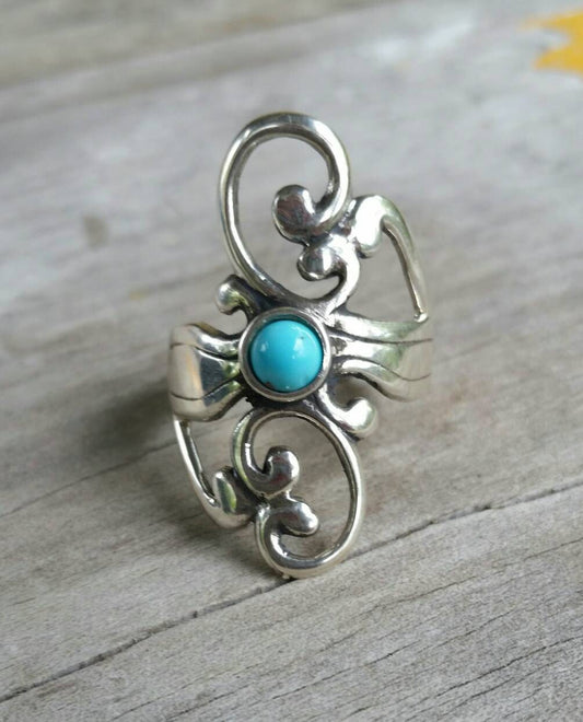 turquoise ring,scroll,long ring,art nouveau,boho,sterling Silver,alternative,tribal,gypsy,boho,handmade,goddess,funky,swirl,designer,new age