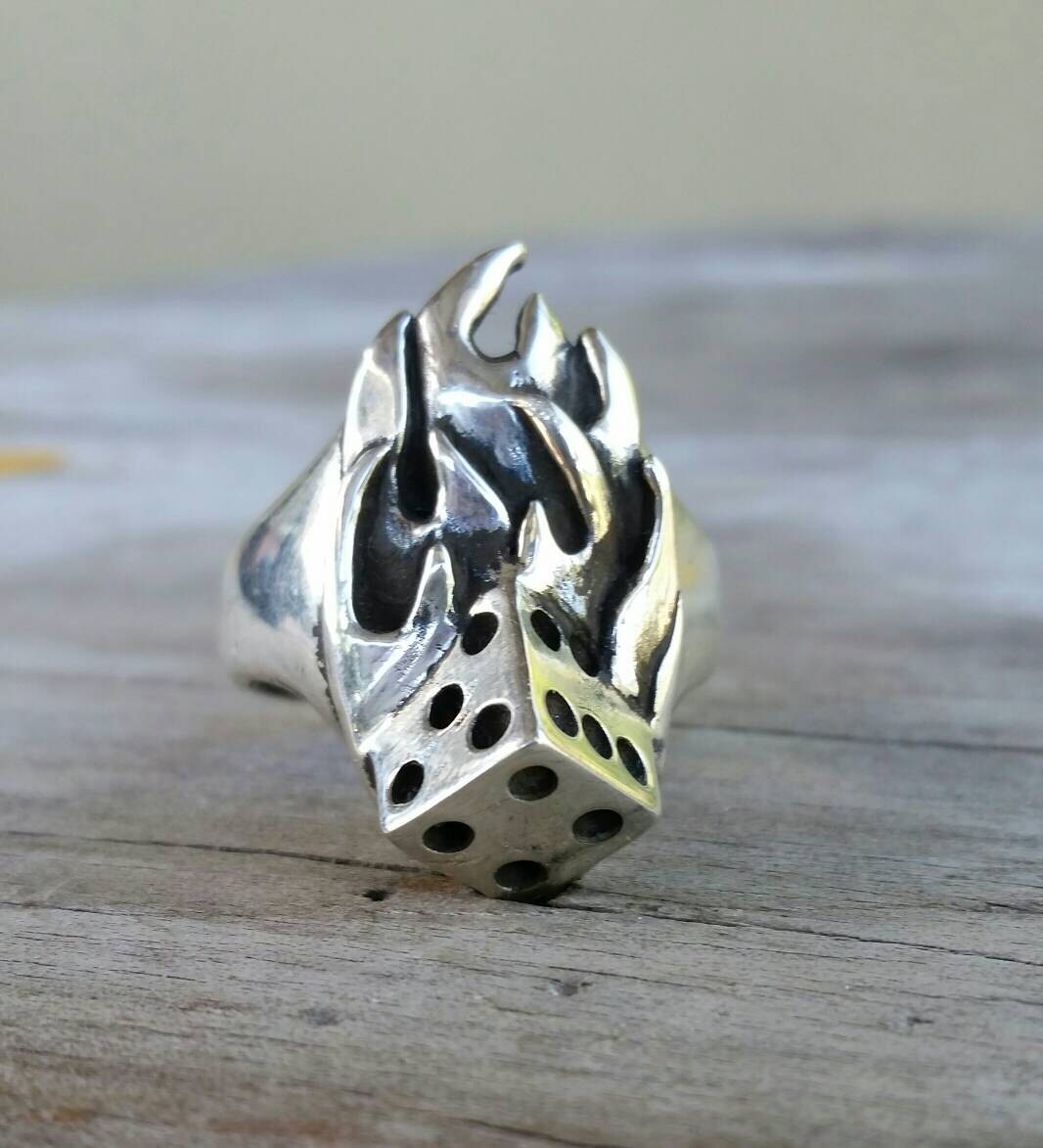 Large flame ring, dice,mans gambling,vegas,ed Roth, ratfink,rockabilly,hipster, sterling silver,hand made,biker