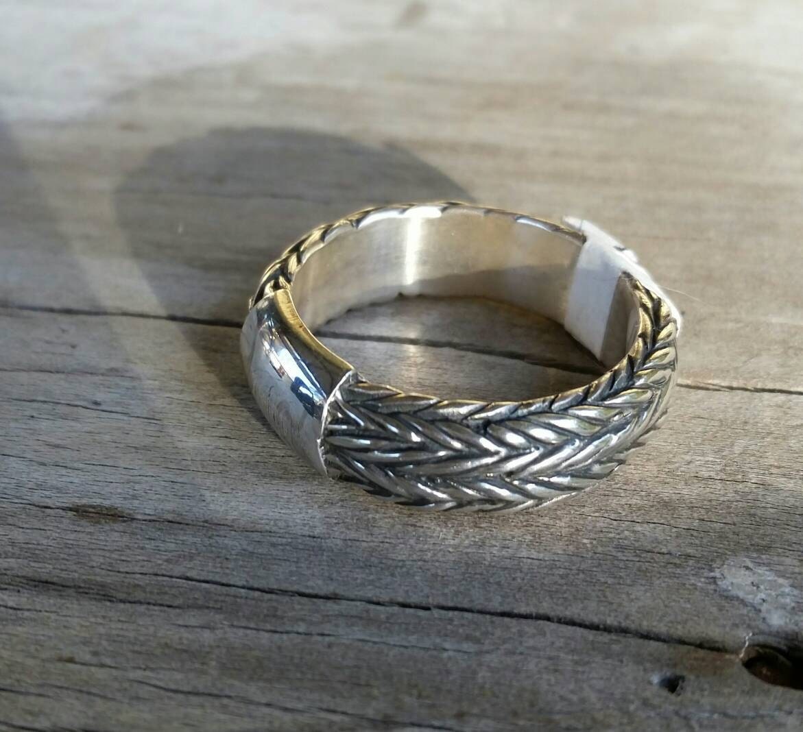 Thick silver ring,sterling silver,rounded band,rustic,steampunk,industrial Modern,chain,rope   signet, rustic wedding ring