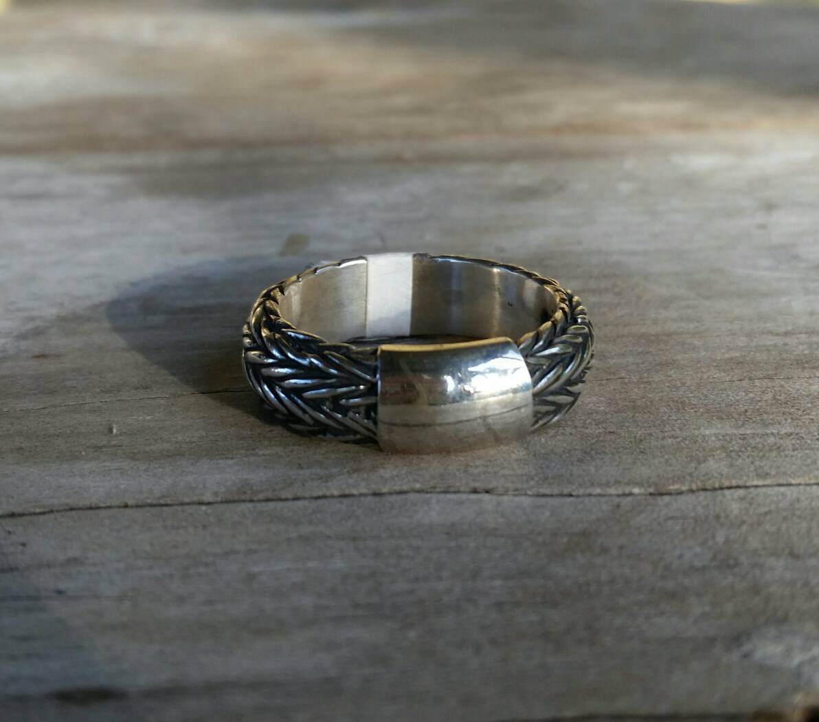 Thick silver ring,sterling silver,rounded band,rustic,steampunk,industrial Modern,chain,rope   signet, rustic wedding ring