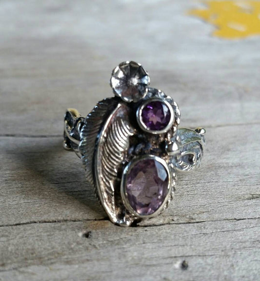 Amethyst flower ring sterling silver alternative steampunk gothic art nouveau victorian flower rockabilly RESERVED