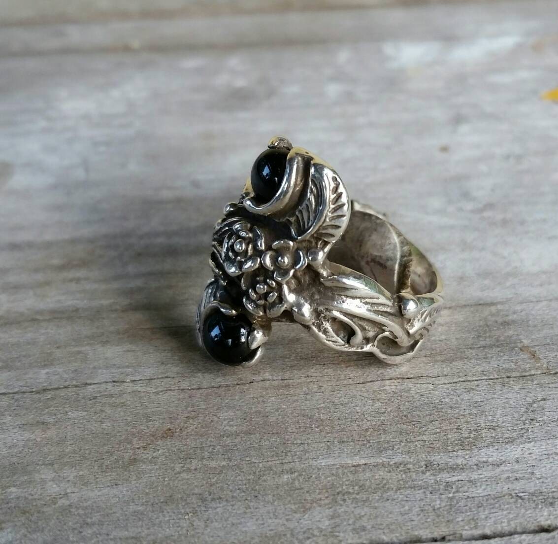 Onyx flower ring sterling silver alternative steampunk gothic art nouveau victorian flower rockabilly