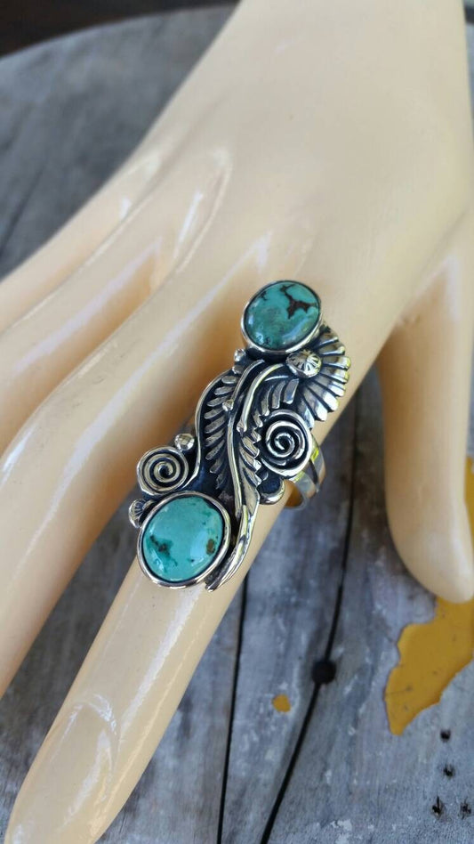 Long green turquoise scroll leaf ring alternative goddess  gothic art nouveau