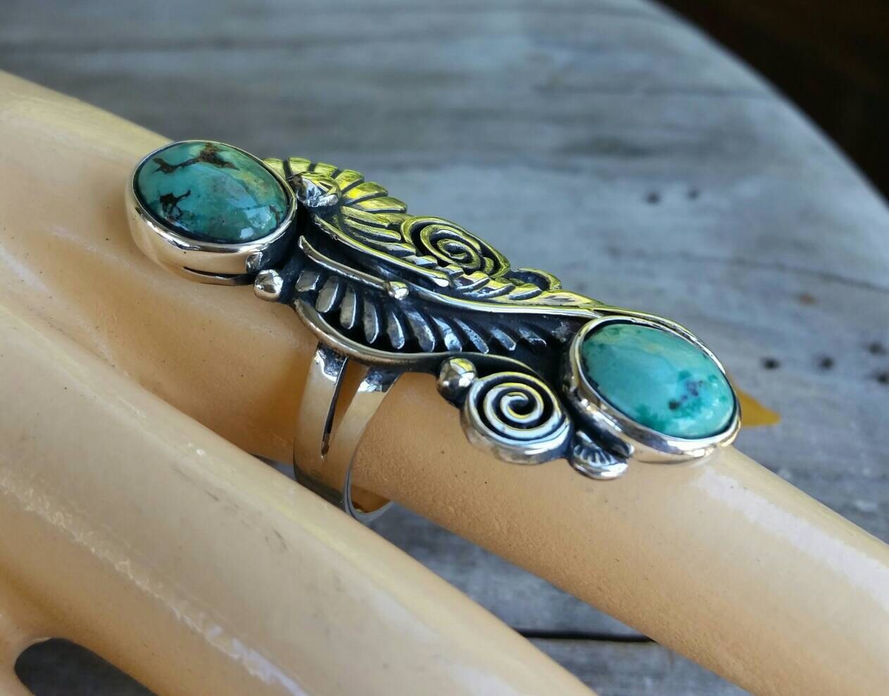 Long green turquoise scroll leaf ring alternative goddess  gothic art nouveau