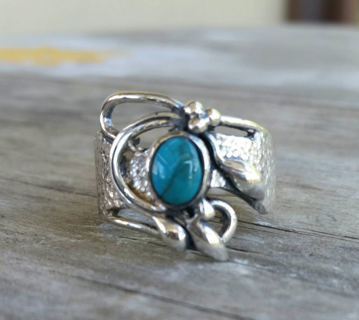 Turquoise flower ring sterling silver alternative steampunk gothic art nouveau victorian flower rockabilly