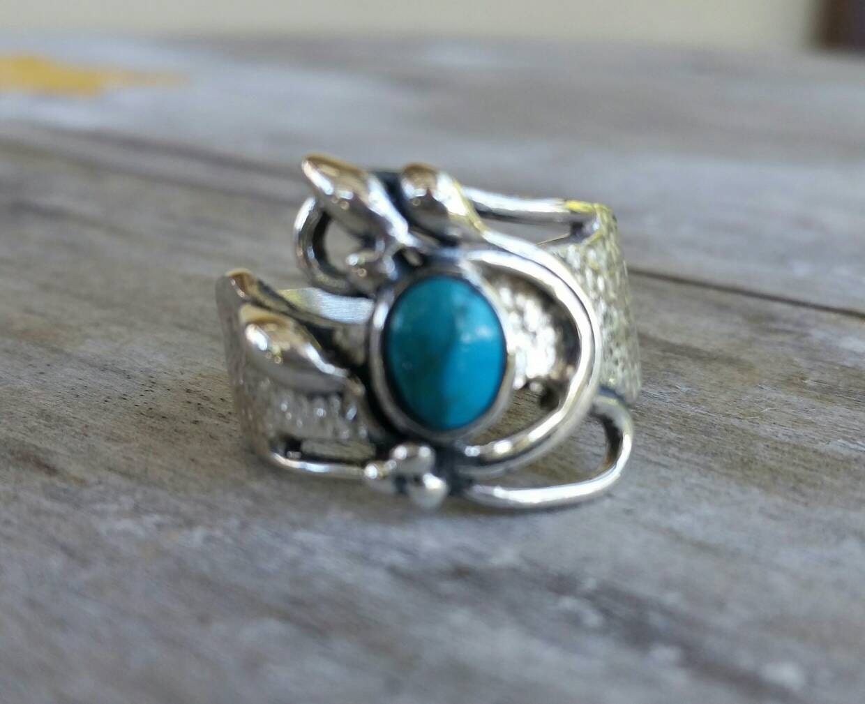 Turquoise flower ring sterling silver alternative steampunk gothic art nouveau victorian flower rockabilly