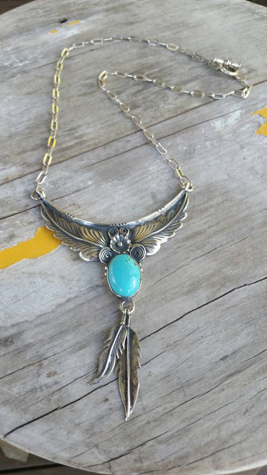 Large Turquoise necklace, feather, sterling silver, Navajo Indian style,tribal,boho shic,handmade,stone pendant,goddess,gypsy,ethic,hippy