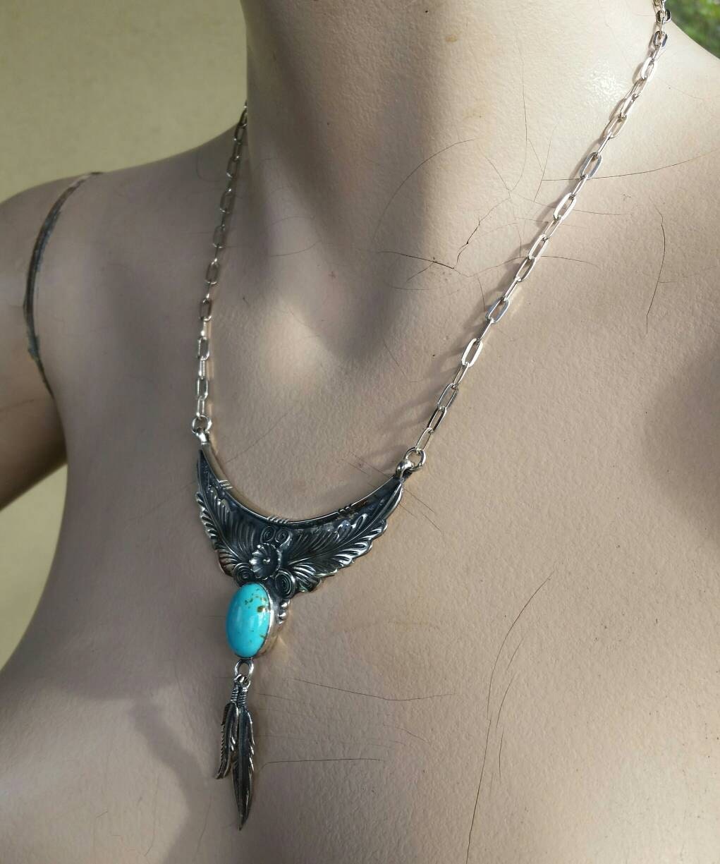 Large Turquoise necklace, feather, sterling silver, Navajo Indian style,tribal,boho shic,handmade,stone pendant,goddess,gypsy,ethic,hippy