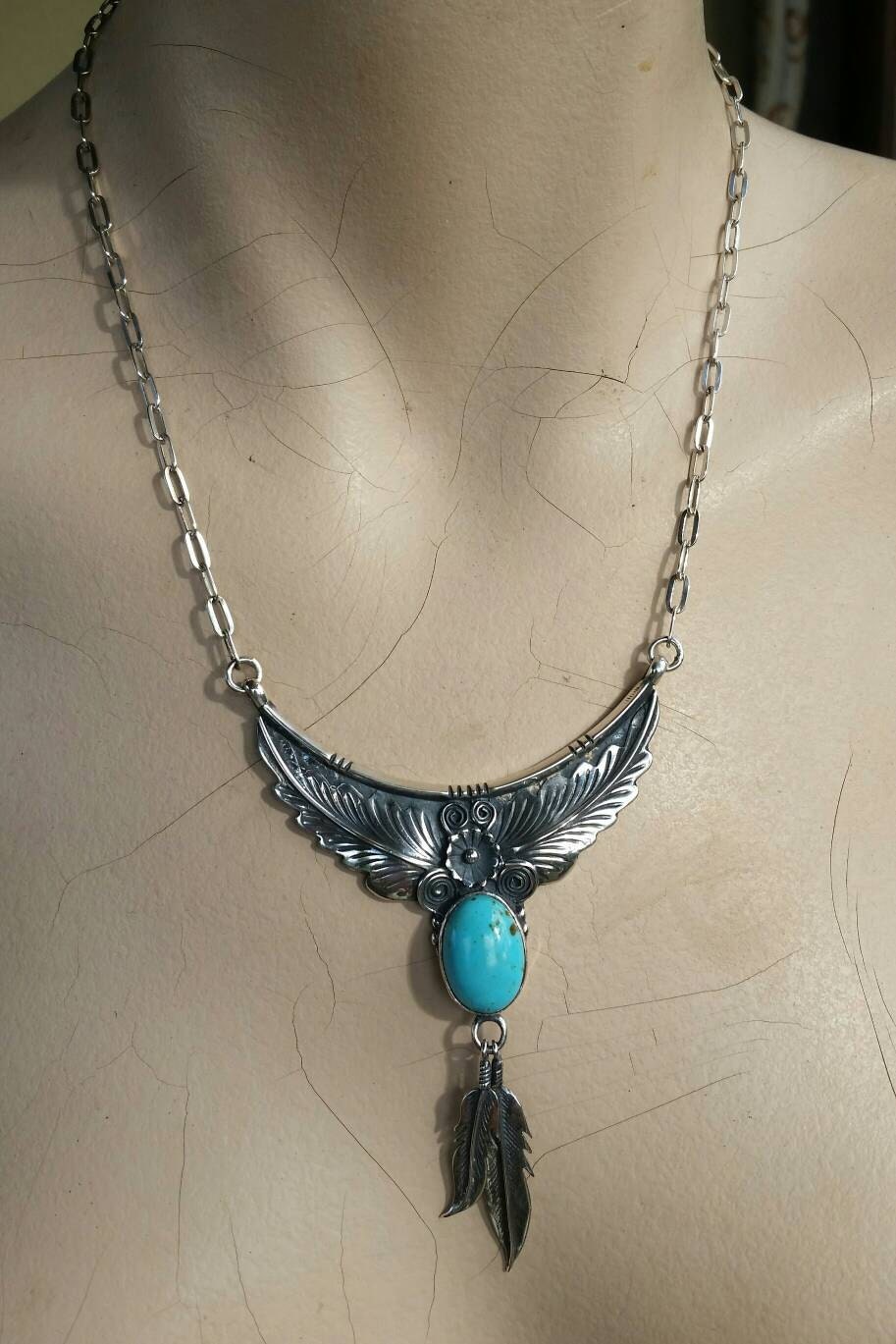 Large Turquoise necklace, feather, sterling silver, Navajo Indian style,tribal,boho shic,handmade,stone pendant,goddess,gypsy,ethic,hippy