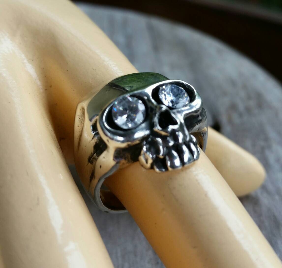 skull ring, sterling silver, cubic zirconia,steampunk, pirate, gothic, punk,grunge,hipster,handmade,boho,rockabilly,mens fashion,skeleton,