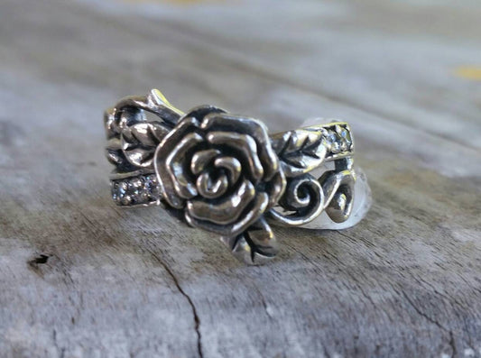 sterling silver rose ring,white cubic zirconia,vintage,hand made,steampunk, gothic, art nouveau ,victorian,flower,rose jewelry,boho