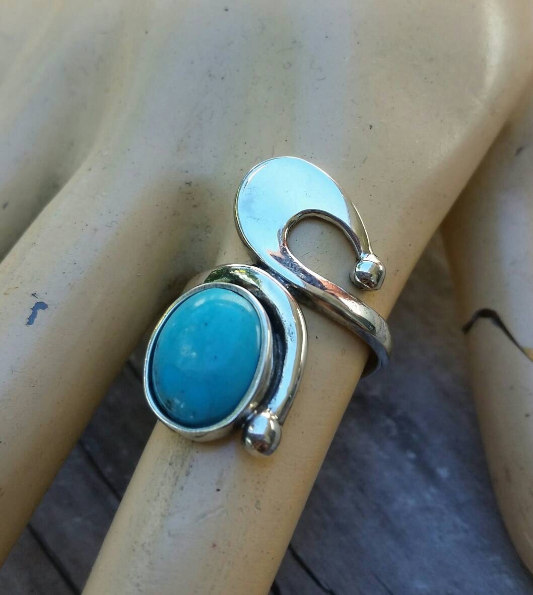 Long turquoise ring sterling  silver art deco art nouveau swirl.