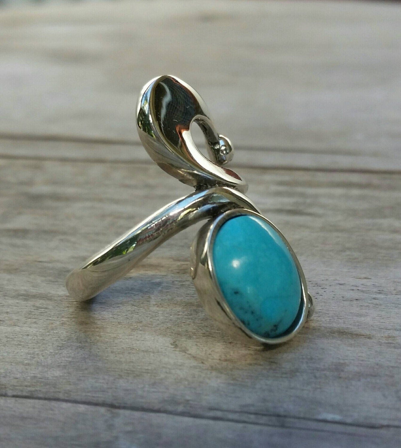 Long turquoise ring sterling  silver art deco art nouveau swirl.