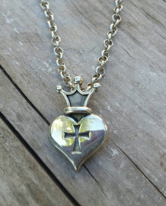 crown heart pendant.sterling silver,solid cross pendant