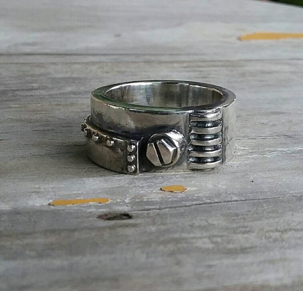 Rustic ring,heavy,solid, sterling silver,industrial,chunky,mechanic, hammered, nugget,men's fashion,steampunk,handmade,rockabilly,hipster