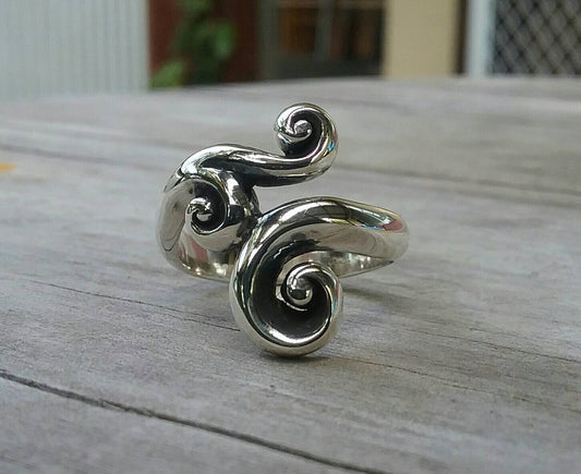 Solid scroll ring, swirl,sterling silver,wedding ,boho,goddess,hippy,gypsy,handmade,chunky ring,deco,vintage,long ring,Maori koru