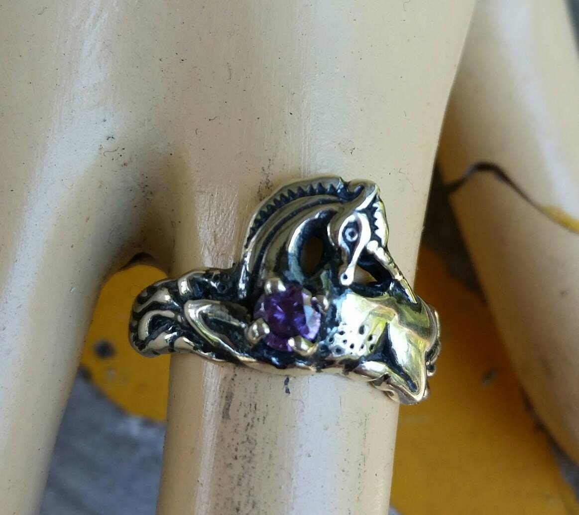 Unicorn ring,sterling silver,mythical horse,fantasy, purple stone ring,new age,boho  hippy,art nouveau,horse,magic,