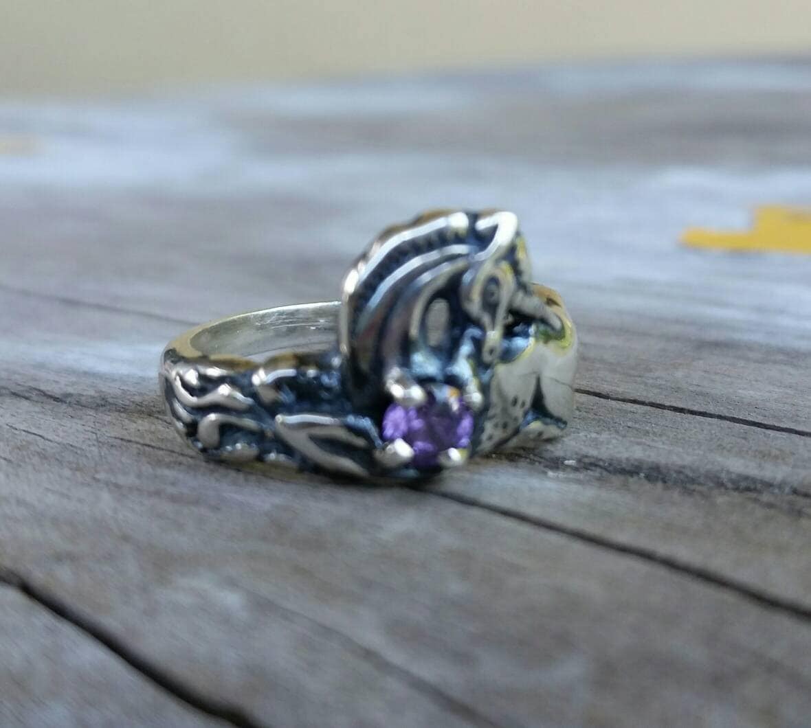 Unicorn ring,sterling silver,mythical horse,fantasy, purple stone ring,new age,boho  hippy,art nouveau,horse,magic,