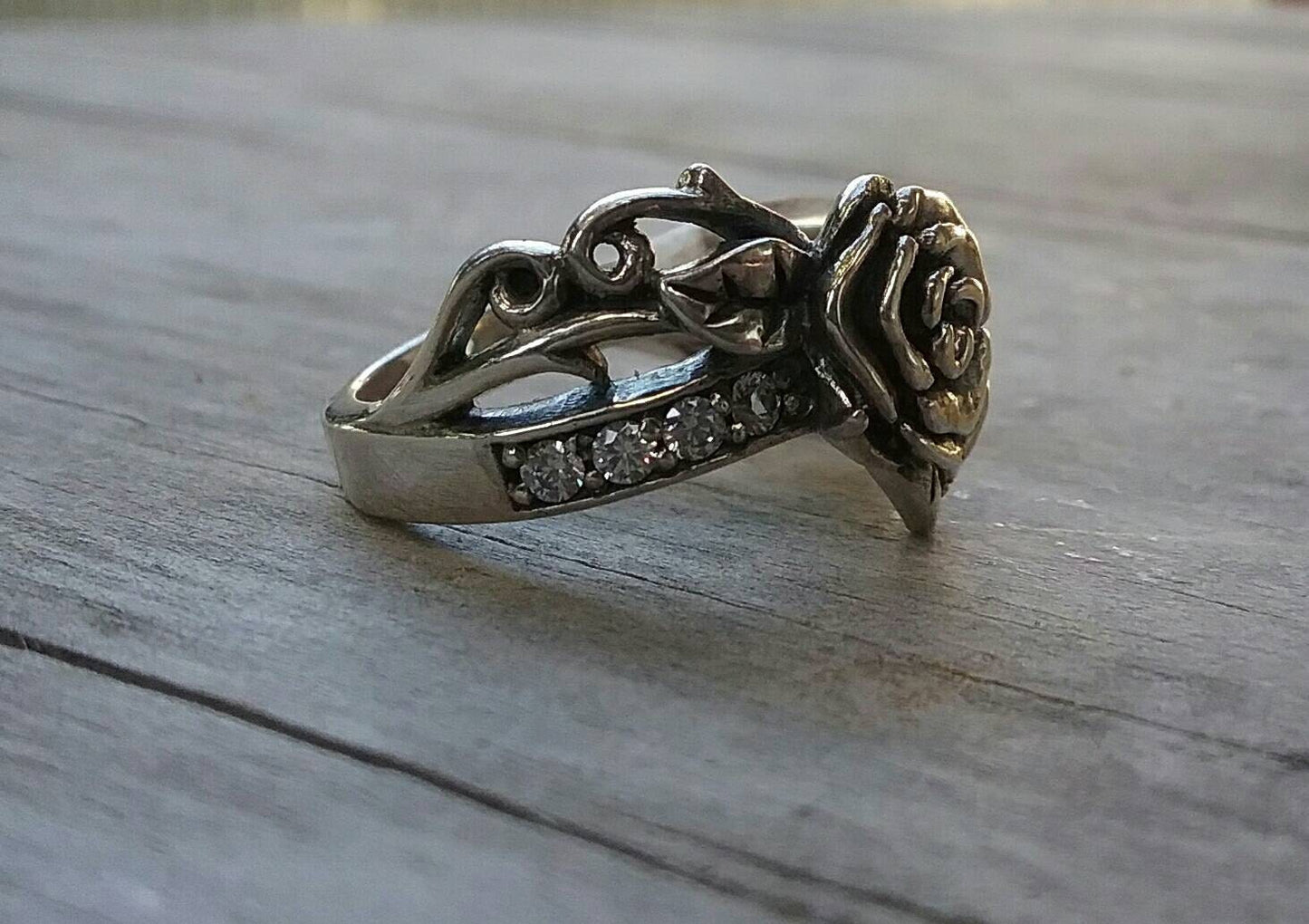 sterling silver rose ring,white cubic zirconia,vintage,hand made,steampunk, gothic, art nouveau ,victorian,flower,rose jewelry,boho